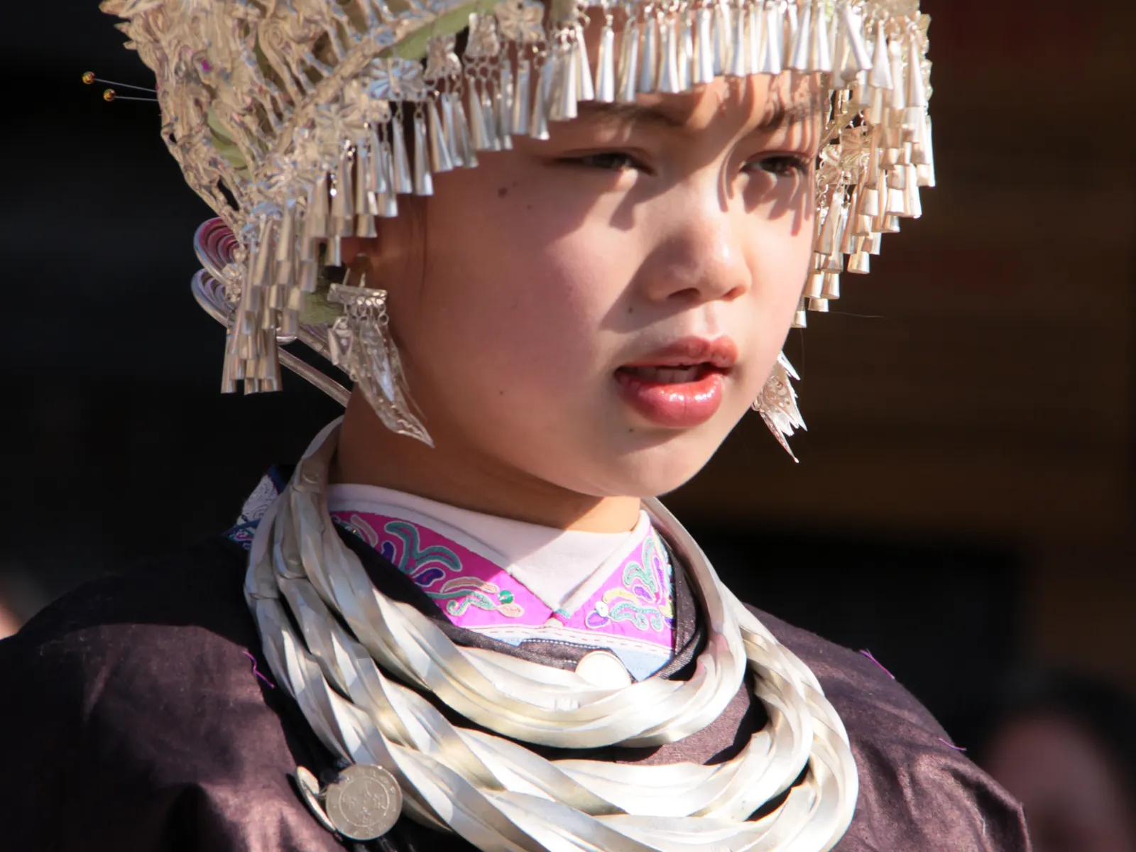 A Dong woman in profile wearing a hammered-silver crown and collar over indigo festival dress.