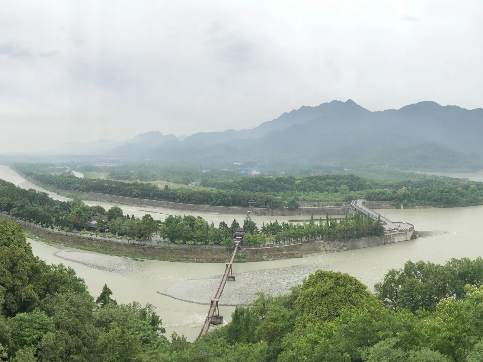 Aerial view of the Dujiangyan fish-mouth dike splitting the Min River into inner and outer channels.