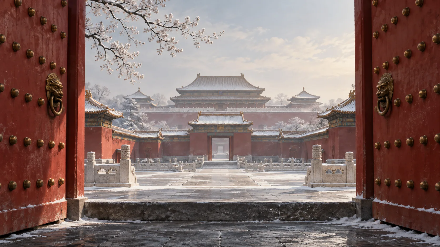 A stylized vermilion gate aligned with a winter courtyard.