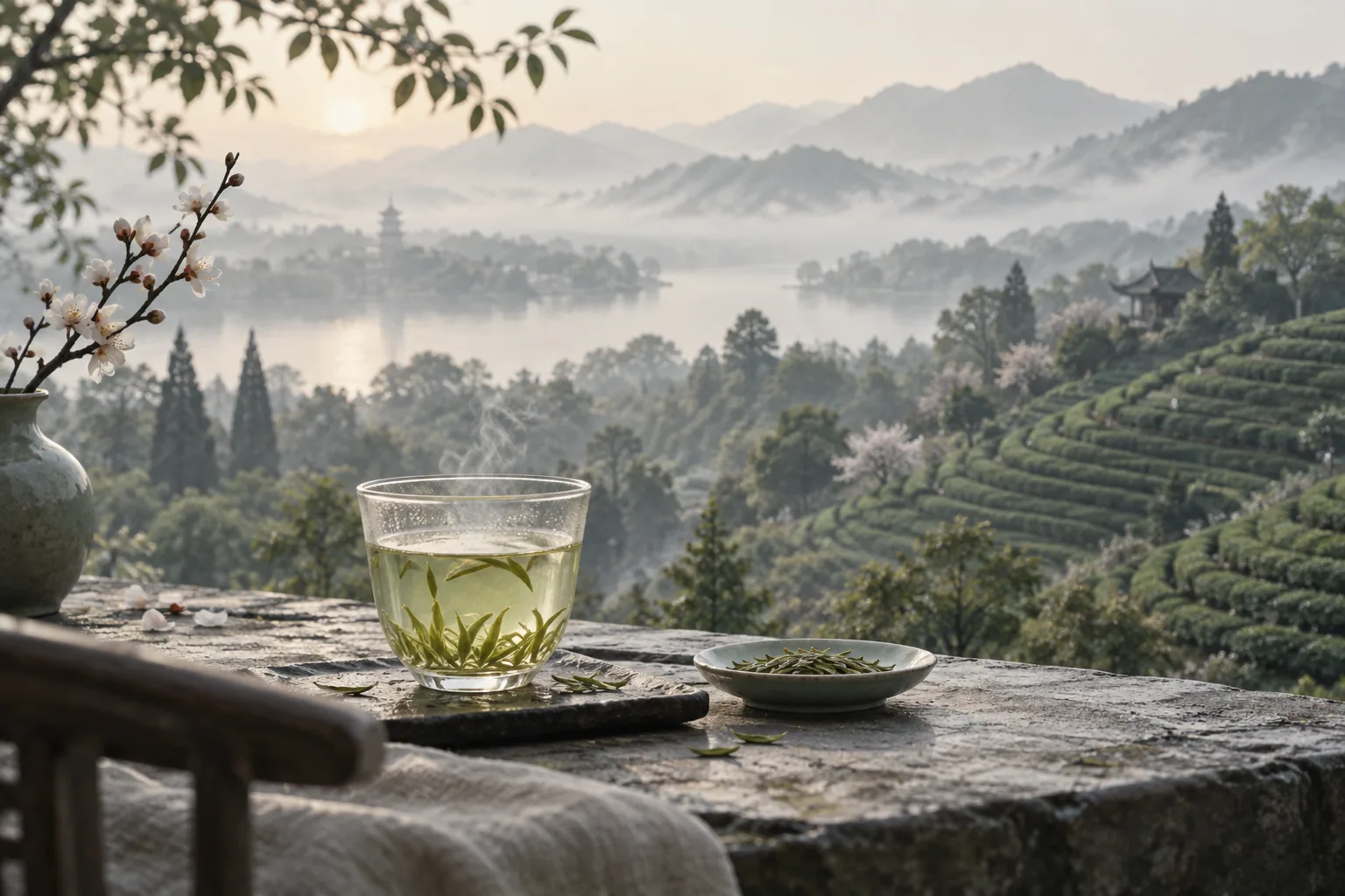 A translucent tea cup, tender leaves, and a misty green hillside.