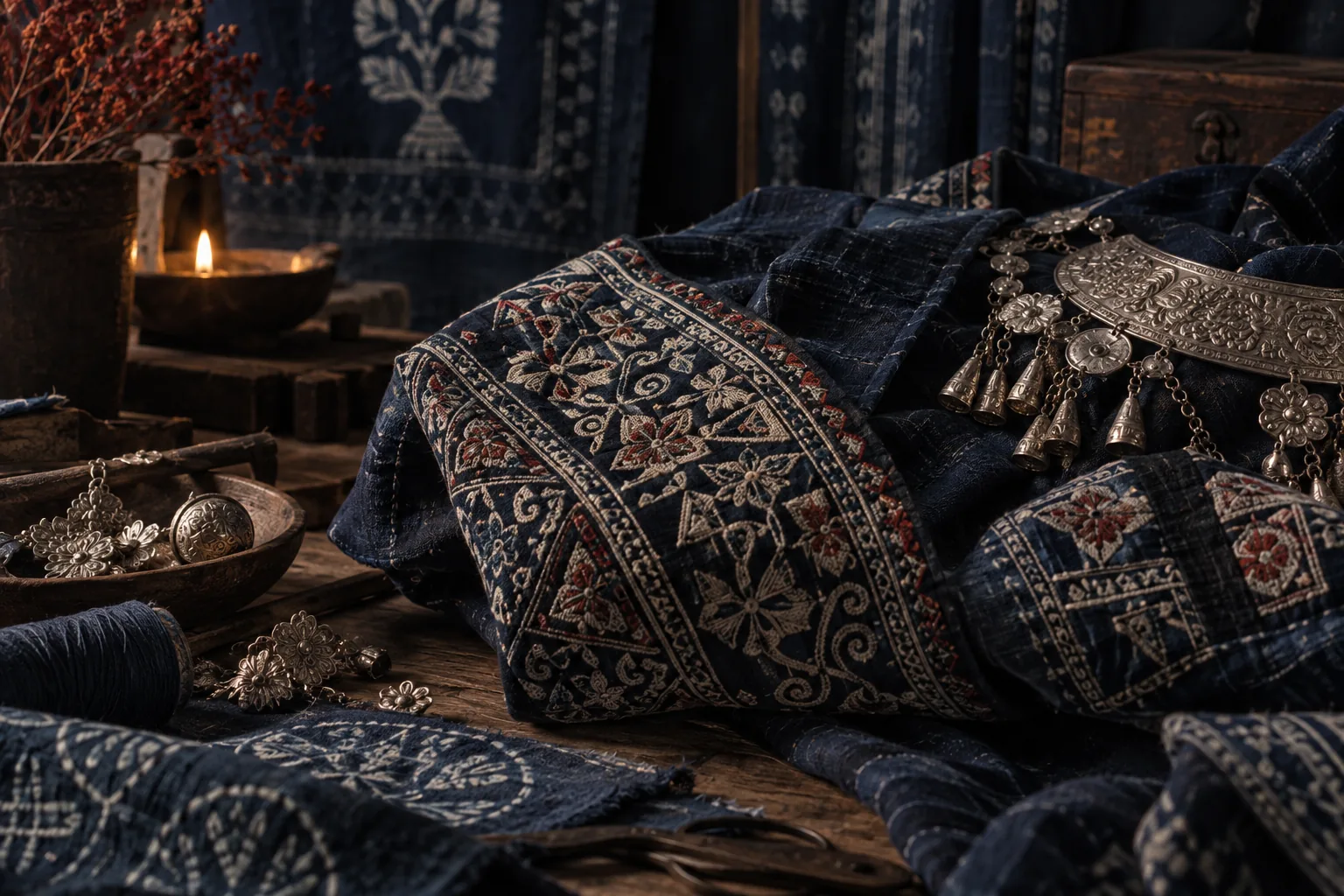 A stylized embroidered textile with silver-like crescent forms.