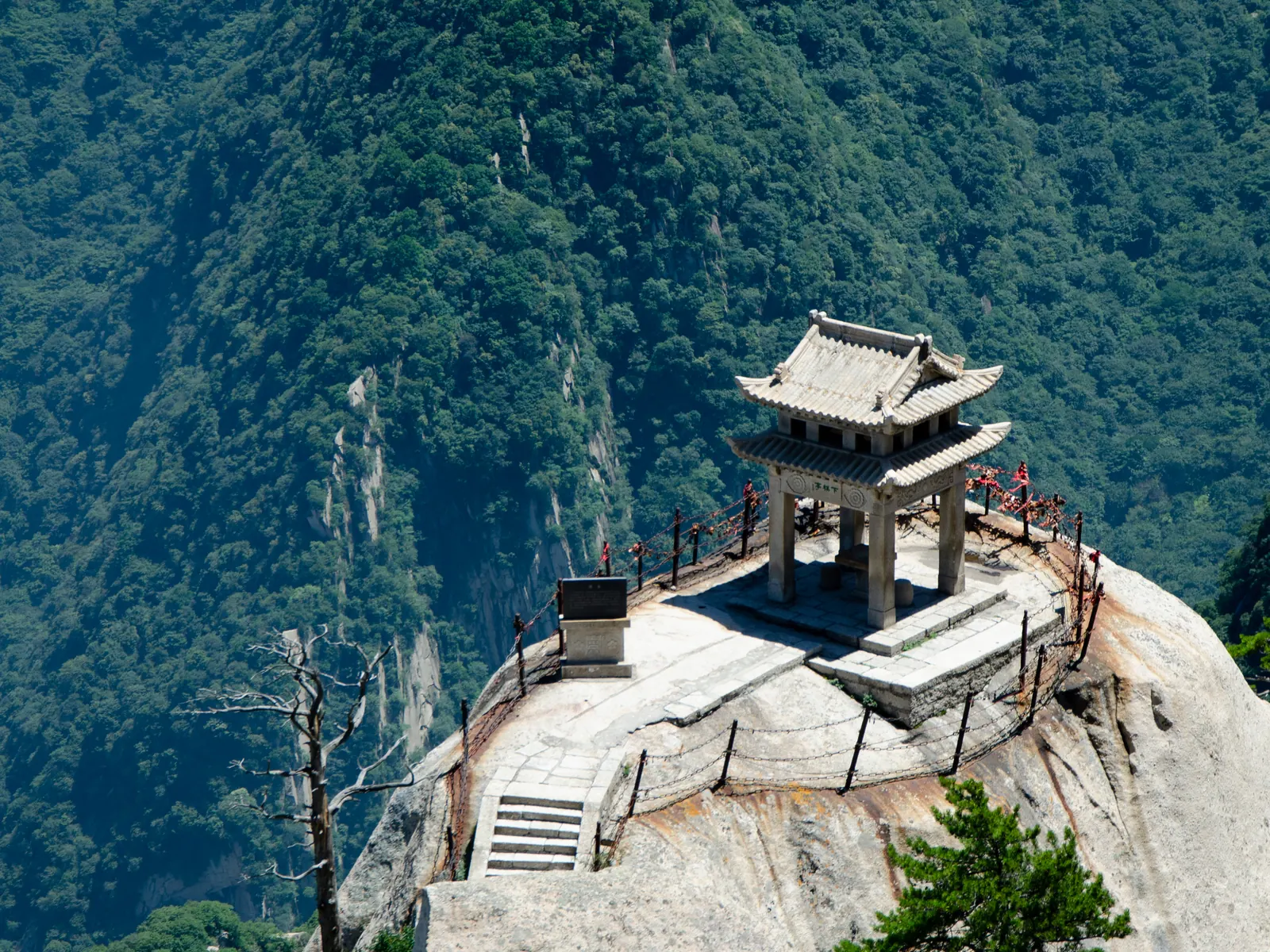 The Chess Pavilion perched on a granite spur of Mount Hua, steep green valleys far below.